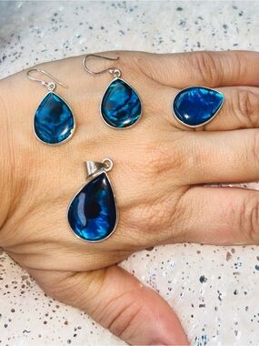 Blue Abalone Teardrop Jewelry Set - Earrings, Ring & Pendant Sterling Silver 925